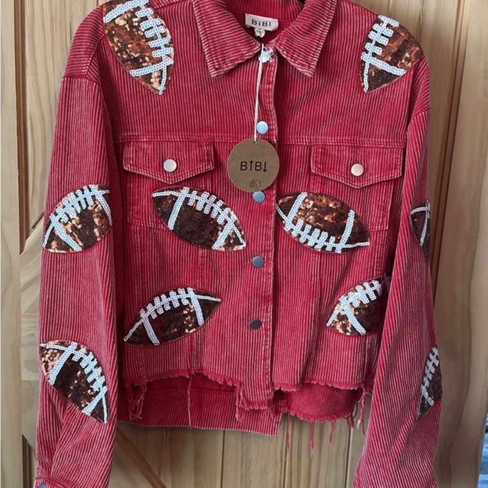 NWT Red Corduroy Football Print Cropped Sequin Jacket - Picture 8 of 11